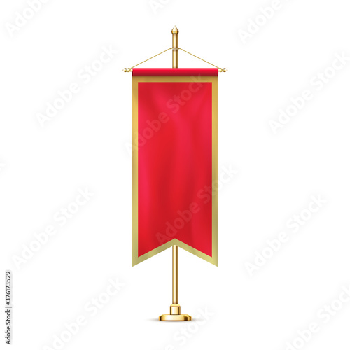 Blank red pennant flag mockup banner hanging golden rack pole realistic stylish retro illustration