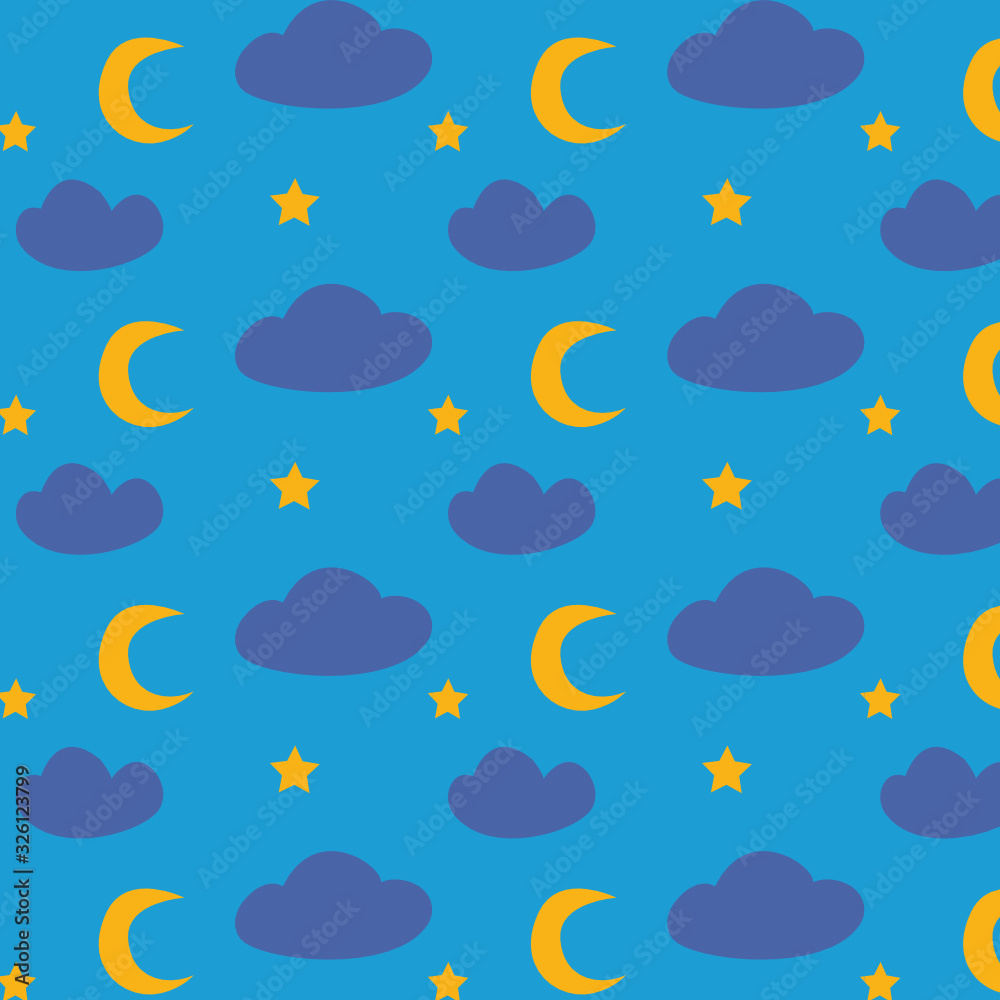 Obraz Cute stars, clouds and moon. Children's illustration. Simple bright pattern. Design for textile, wrapping paper. Scandinavian style. Children's. Postcard, clothes. The concept of night, sleep. Vector