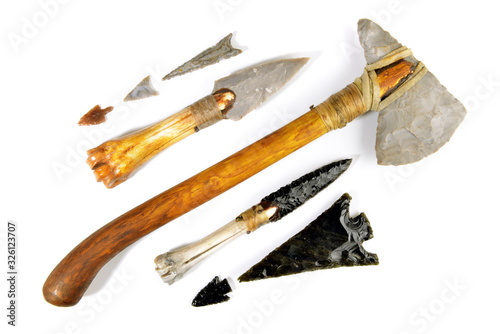Εκτύπωση καμβά Stone Age Tools on white Background - Stone Age Axe, Knives and Arrows