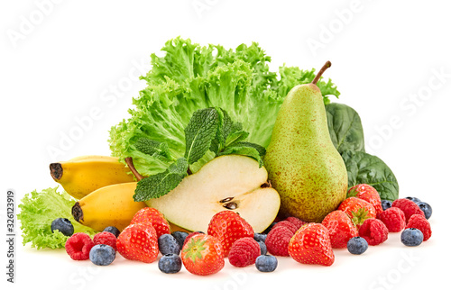Naklejka Fresh fruits healthy diet concept. Raw mixed vegan juicy food background, green spinach, salad isolated on white. Variety of fresh fruit berries for juice or smoothie. Health clean eating