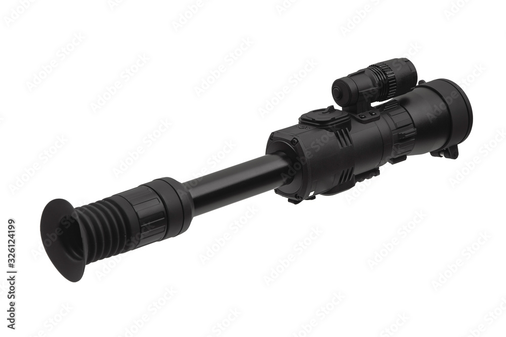 modern black optical scope for weapon isolated on whited. sight scope isolated on white back. modern black optical scope for weapon isolated on whited. sight scope isolated on white back.