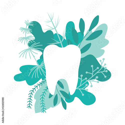 White healthy tooth, green leaves and herbs. Flat style. Concept of oral hygiene and dental care. Vector illustration isolated on white background.
