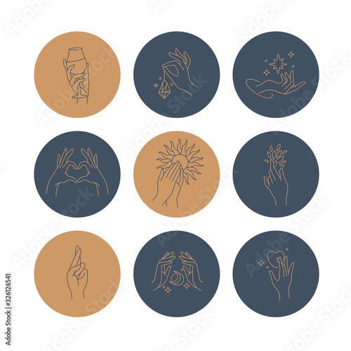 Vector set design colorful templates icons and emblems - social media story highlight. Hands in in different gestures for blogger icons. © oxygen_8