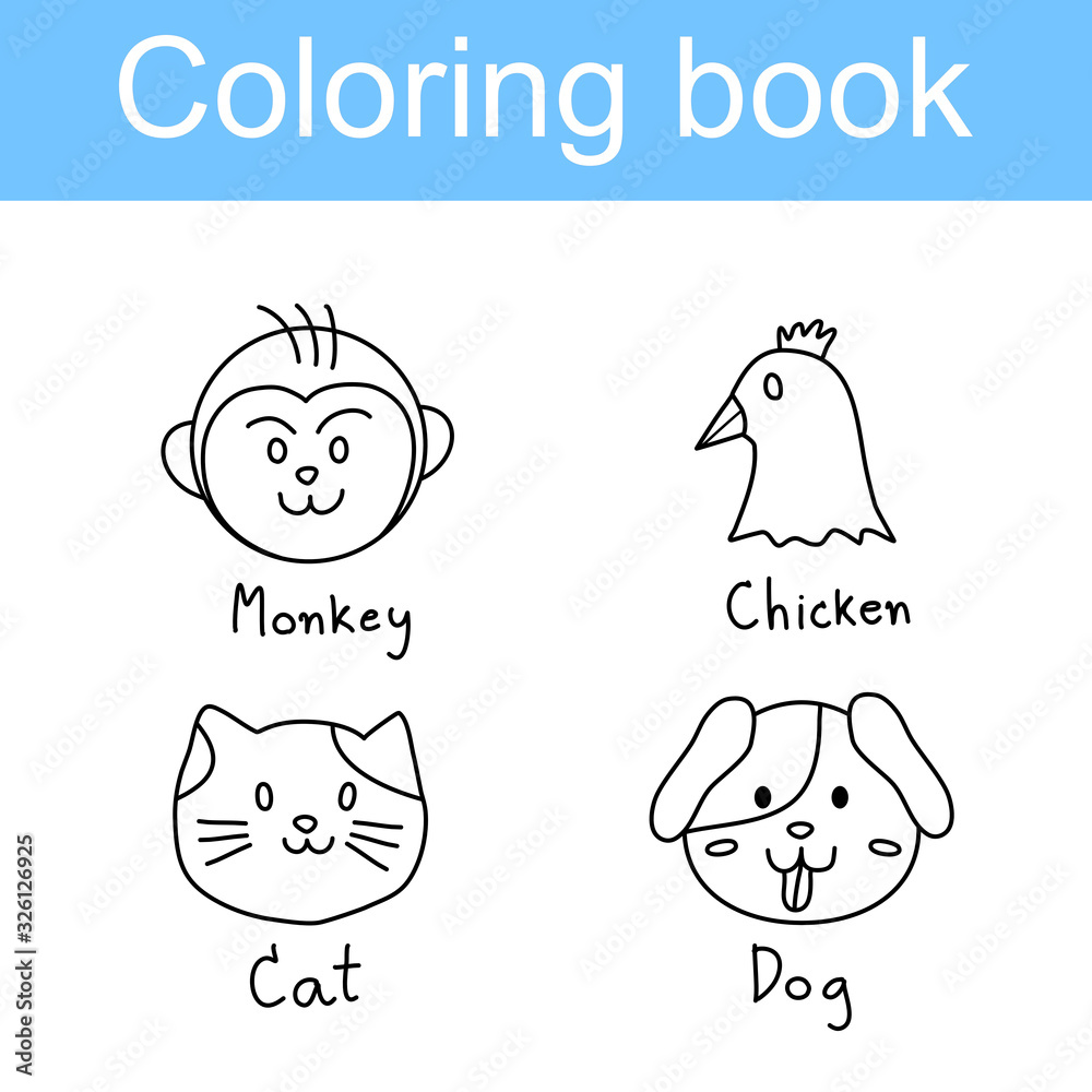 coloring page for kid , animal vector monkey chicken cat and dog
