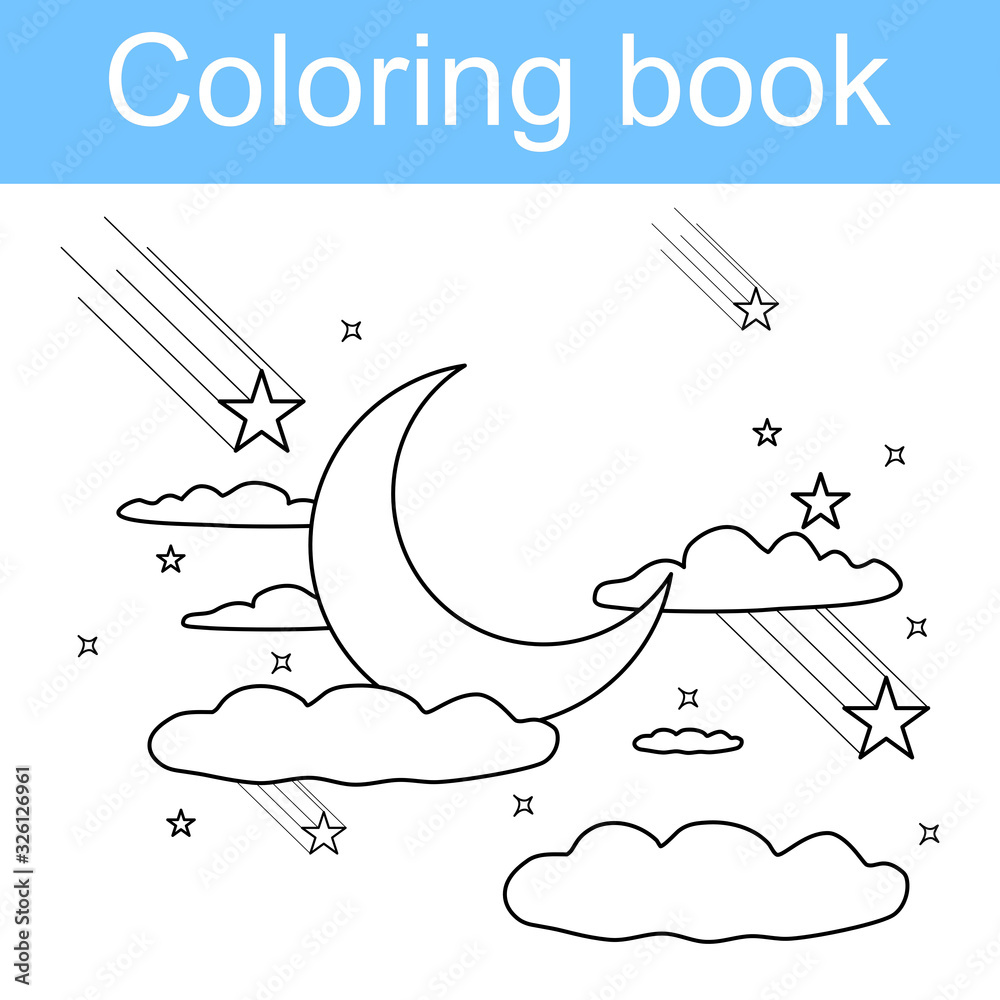 coloring page for kid , vector Crescent moon star fall and cloud Stock Vector | Adobe Stock