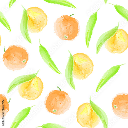 Fototapeta Naklejka Na Ścianę i Meble -  Tropical seamless pattern with grapefruit, mandarin or orange, imitation of watercolor, hand drawing. Fruit texture. Vector vibrant citrus print for fabric or wallpaper.
