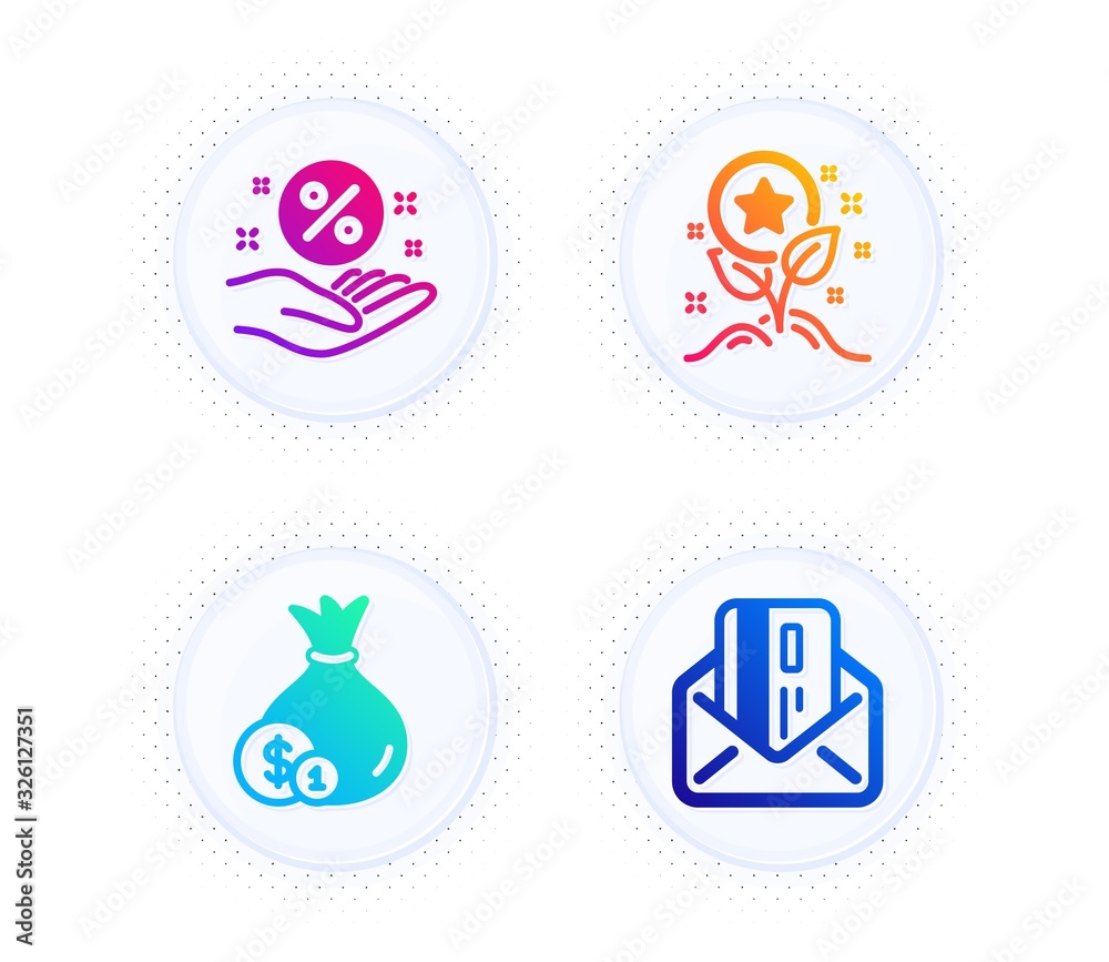 Cash, Loyalty points and Loan percent icons simple set. Button with halftone dots. Credit card sign. Banking currency, Bonus grows, Discount hand. Mail. Finance set. Gradient flat cash icon. Vector