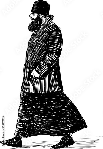 Sketch of orthodox priest striding down street