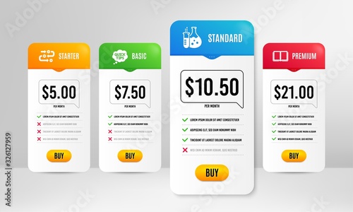 Chemistry flask, Book and Survey progress icons simple set. Price table template. Quick tips sign. Laboratory, E-learning course, Algorithm. Helpful tricks. Education set. Vector