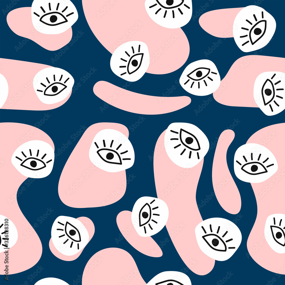 Girly abstract seamless pattern. Modern print with organic shapes and eye drawn by hand. Doodle, sketch. Vector illustration. Girly abstract seamless pattern. Modern print with organic shapes and eye drawn by hand. Doodle, sketch. Vector illustration.