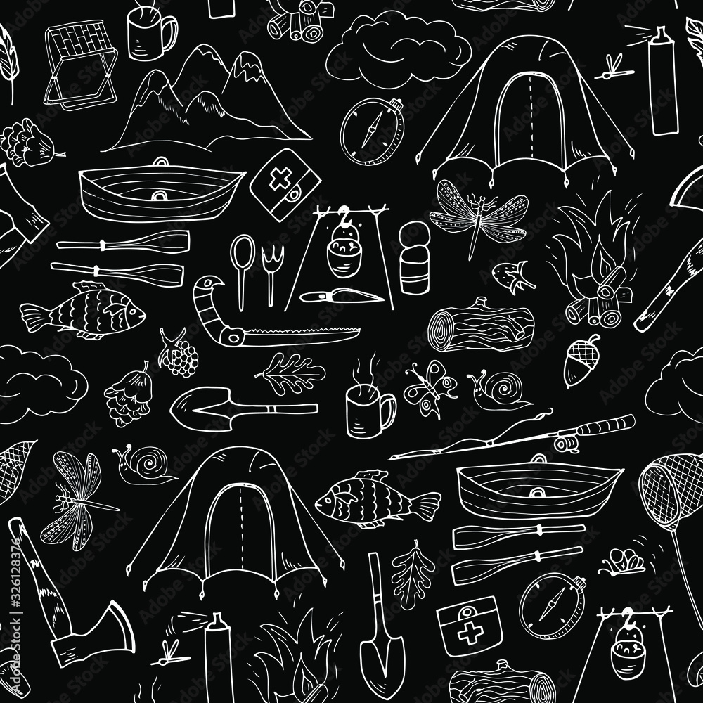 camping, hiking, fishing, forest camp seamless pattern. Hand drawing, sketch, outline. Tent, boat, ax, saw, fishing rod, bonfire, first aid kit.