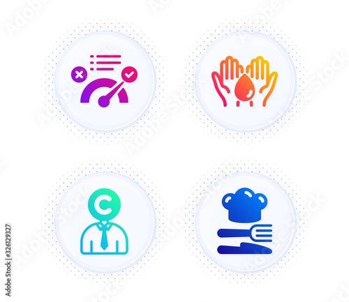 Correct answer, Wash hands and Copyrighter icons simple set. Button with halftone dots. Food sign. Approved, Skin care, Writer person. Chef hat. Business set. Gradient flat correct answer icon. Vector