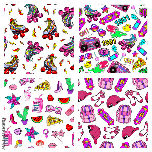 Set of fun seamless patterns with colorful school break elements. Fun kid's leisure games backgrounds with patches in 90s style: rollerblades, sunglasses, skates, alarm clocks, etc.