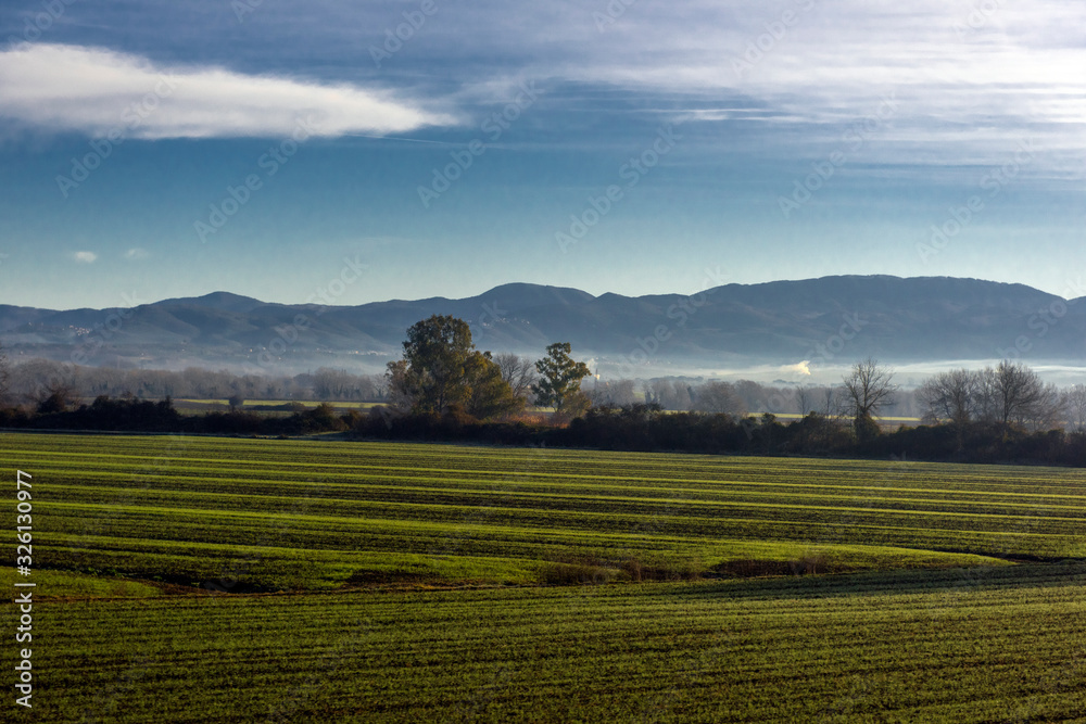 mountains on the horizon and fog over the field