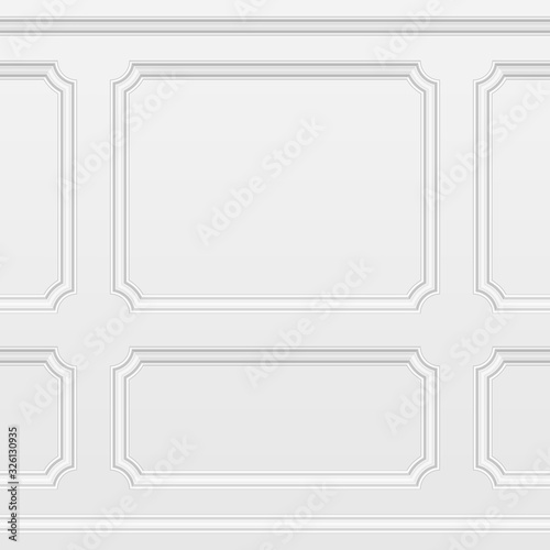 White wall with moulding frames seamless background. Moulding panels classic home decoration. Living room interior. Vector illustration in realistic style. EPS 10. © art_sonik