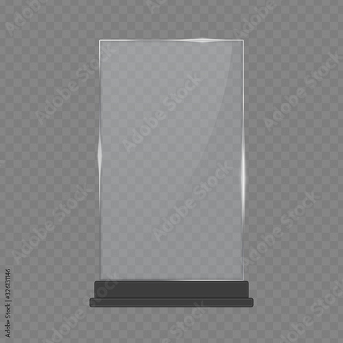 Transparent glass award, trophy glass table display. Plastic clear stand reflection shiny plates template isolated on transparent background. Vector illustration in realistic style. EPS 10.
