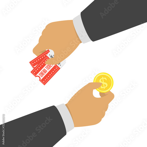 Buying ticket for money. One Hand holding ticket and second hand holding money bill. Buy or selling tickets concept. Sale purchase transaction. Vector illustration in flat style. EPS 10.