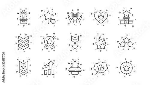 First place, star rating and winner medal. Ranking line icons. Shoulder strap, army achievement and star ranking icons. Linear set. Geometric elements. Quality signs set. Vector