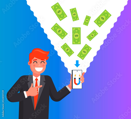 man makes money using a mobile phone. Flat character vector illustration.