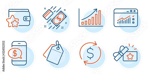 Graph chart, Phone payment and Web traffic signs. Dollar exchange, Loyalty gift and Payment line icons set. Sale tags, Loyalty program symbols. Banking rates, Bonus award. Finance set. Vector
