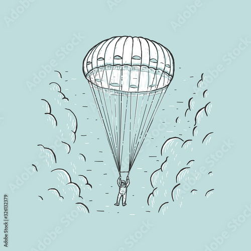 Sketch vector illustration with hand drawn skydiver. Parachuting sport concept. Skydiver descending with a parachute. Design on a blue background for t-shirt print, cover, poster, banner