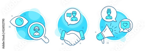 Heart, Person talk and Consultant line icons set. Handshake deal, research and promotion complex icons. Doctor sign. Love chat, Communication message, Call center. Medicine person. People set. Vector