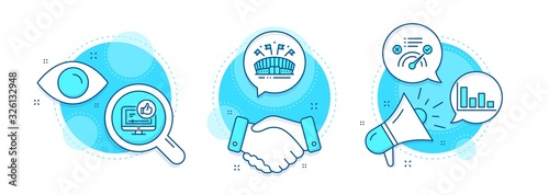 Histogram, Sports arena and Like video line icons set. Handshake deal, research and promotion complex icons. Correct answer sign. Economic trend, Event stadium, Thumbs up. Approved. Vector