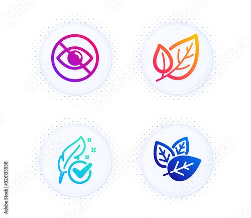 Hypoallergenic tested, Not looking and Leaf icons simple set. Button with halftone dots. Organic tested sign. Feather, Eye care, Ecology. Bio ingredients. Healthcare set. Vector