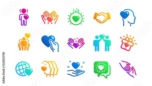 Interaction, Mutual understanding and assistance business. Friendship and love icons. Trust handshake, social responsibility icons. Classic set. Gradient patterns. Quality signs set. Vector © blankstock