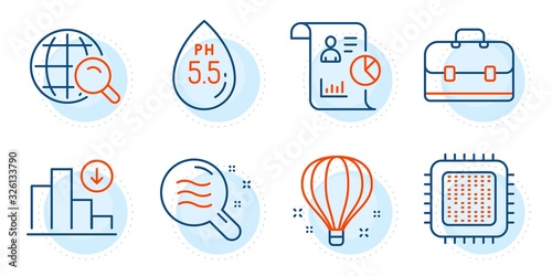 Internet search, Cpu processor and Portfolio signs. Air balloon, Skin condition and Report line icons set. Decreasing graph, Ph neutral symbols. Sky travelling, Search magnifier. Science set. Vector
