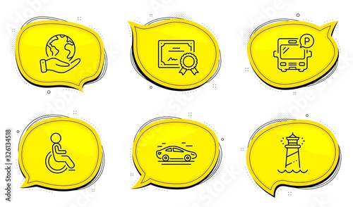 Lighthouse sign. Diploma certificate, save planet chat bubbles. Bus parking, Disabled and Car line icons set. Public park, Handicapped wheelchair, Transport. Searchlight tower. Vector