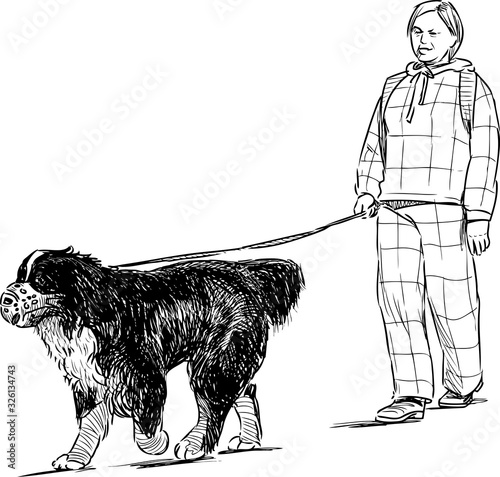 Hand drawing of townswoman with her dog walking down street photo