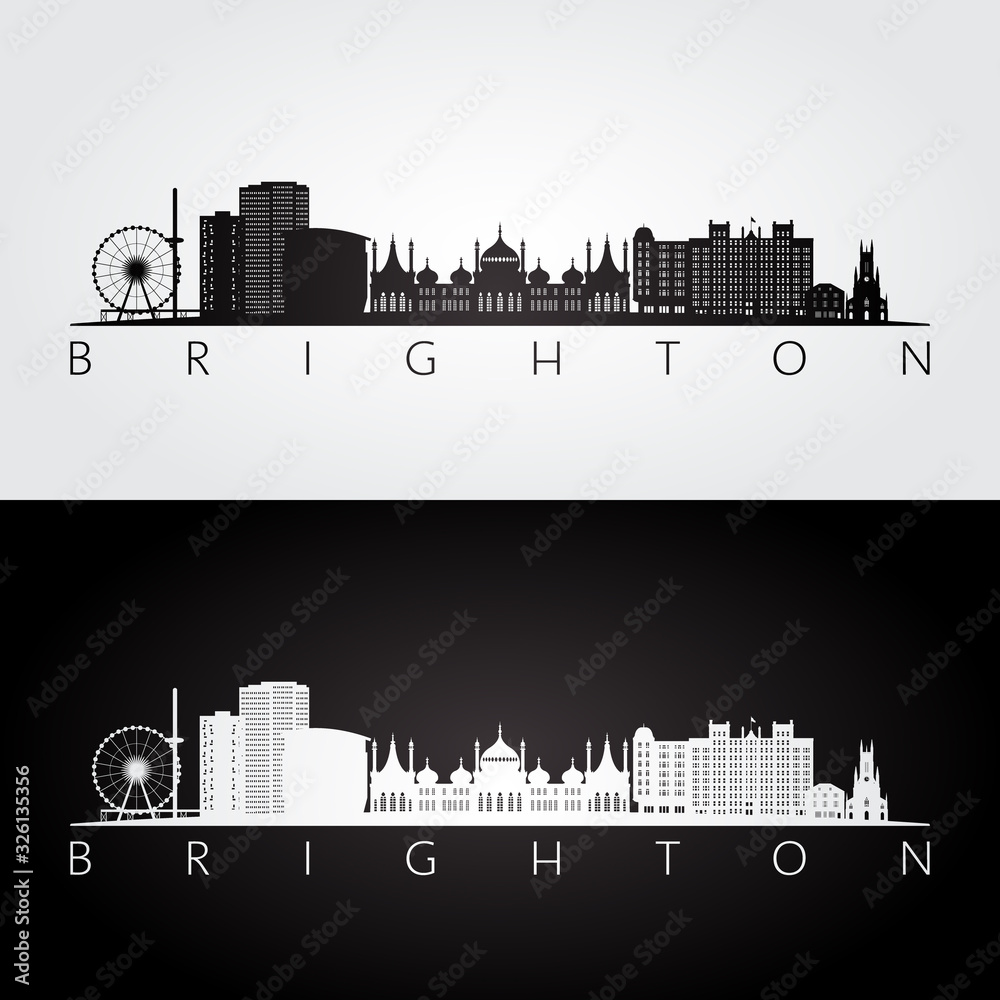 Brighton skyline and landmarks silhouette, black and white design, vector illustration.