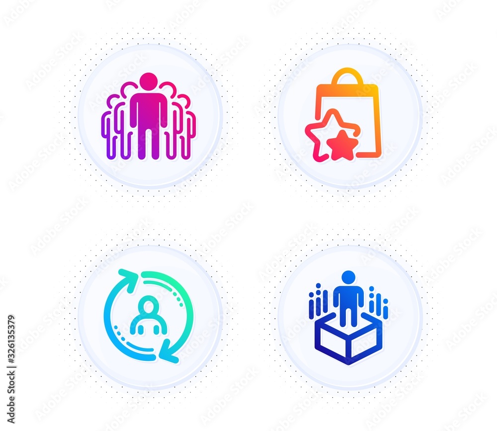 Loyalty points, Group and User info icons simple set. Button with halftone dots. Augmented reality sign. Bonus bags, Managers, Update profile. Virtual reality. Technology set. Vector Loyalty points, Group and User info icons simple set. Button with halftone dots. Augmented reality sign. Bonus bags, Managers, Update profile. Virtual reality. Technology set. Vector