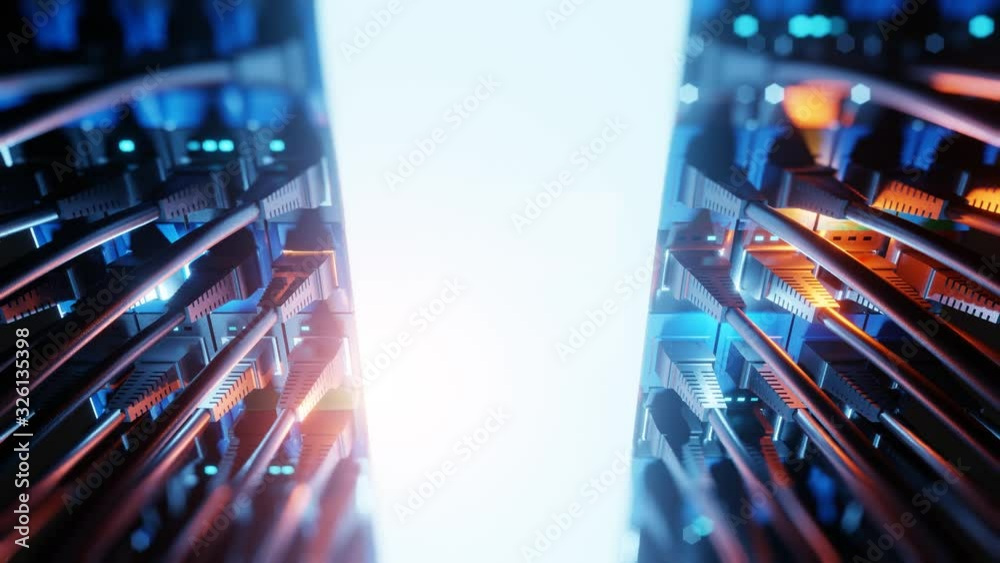 Close-up view of modern internet network switch with plugged ethernet cables. Blinking blue lights on internet server. 4k 3d endless loop.