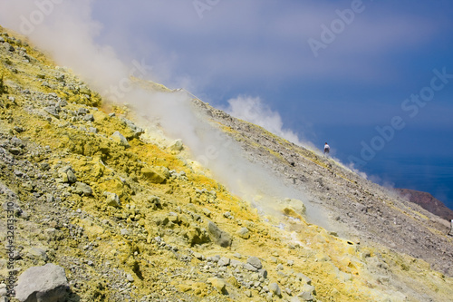 Volcano crater of the volcano with sulphurous fumes, Aeolian Islands, Messina, Sicily, Italy