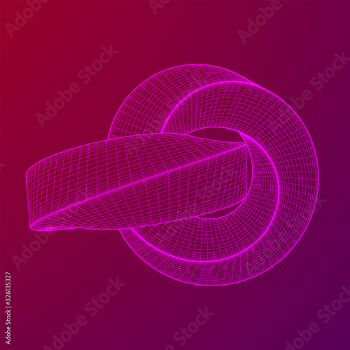 Mobius strip ring knot sacred geometry. Spatial figure with upturned surfaces. Optical illusion with dual circular contour. Wireframe low poly mesh vector illustration.