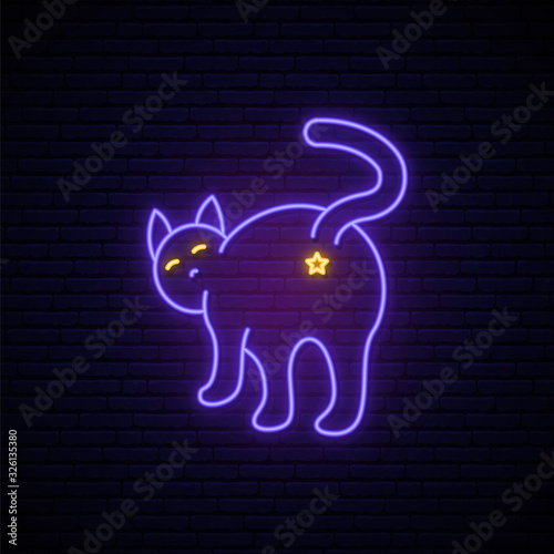 Violet neon cat sign. Bright light silhouette of funny cat on dark brick wall background. Vector design template for logo, signboard, web banner, etc.