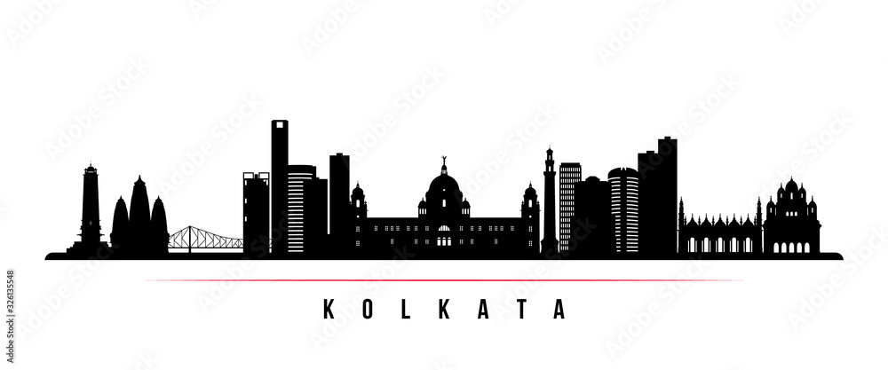 Kolkata skyline horizontal banner. Black and white silhouette of Kolkata, India. Vector template for your design.