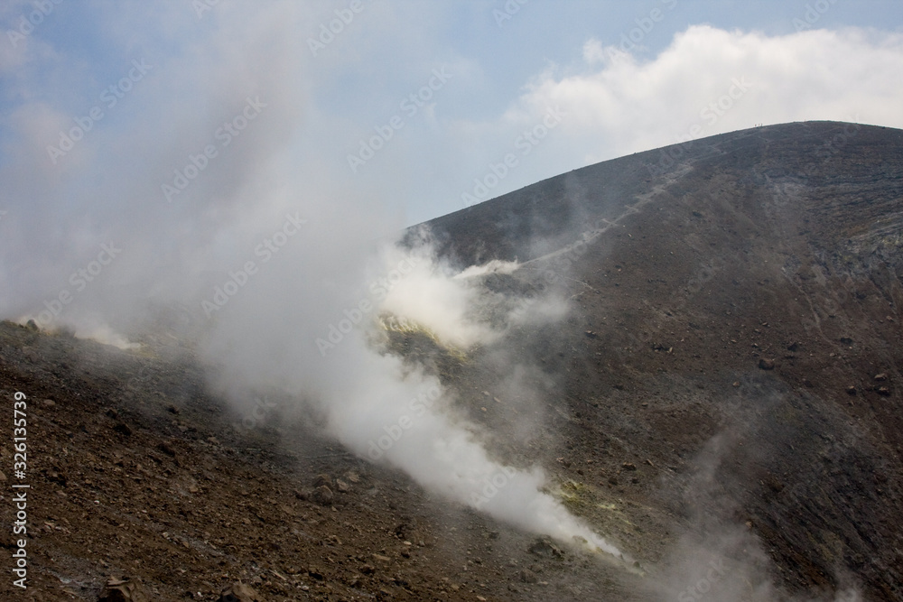Volcano crater of the volcano with sulphurous fumes, Aeolian Islands, Messina, Sicily, Italy
