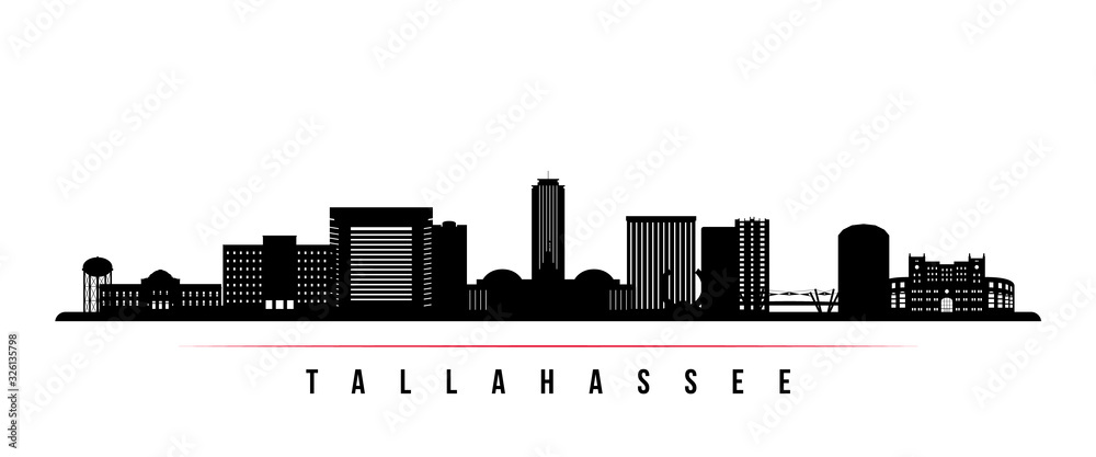 Tallahassee skyline horizontal banner. Black and white silhouette of Tallahassee, Florida. Vector template for your design.