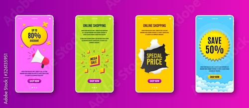 Mega sale badge. Phone screen banner. Discount banner shape. Coupon squares icon. Sale banner on smartphone screen. Mobile phone web template. Mega sale promotion. Vector
