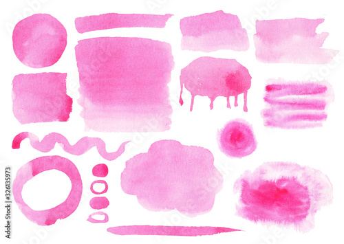 Set of pink, rose watercolor splots, strokes ans splashes. Isolated on white background.