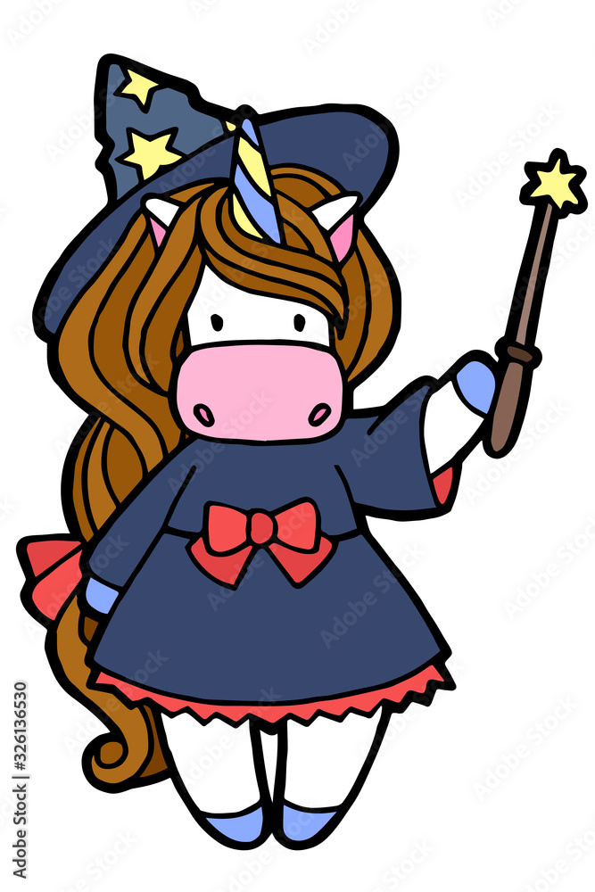 Jpeg illustration. Hand drawing. Cartoon witch unicorn with a magic wand in hand. Isolated on white. Cute character. Original print. Halloween illustration. Jpeg illustration. Hand drawing. Cartoon witch unicorn with a magic wand in hand. Isolated on white. Cute character. Original print. Halloween illustration.