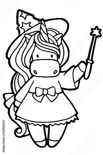 Jpeg illustration. Hand drawing. Cartoon witch unicorn with a magic wand in hand. Isolated on white. Coloring Cute character. Original print. Halloween illustration.