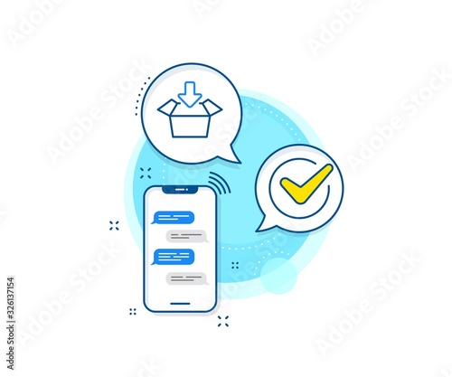 Open delivery parcel sign. Phone messages complex icon. Get box line icon. Cargo package symbol. Messenger chat screen banner. Get box sign. Vector