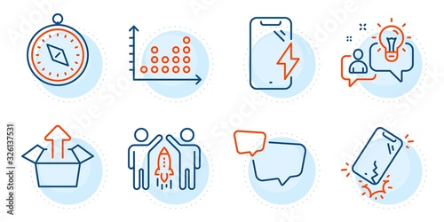 Partnership, Travel compass and Idea signs. Speech bubble, Smartphone charging and Smartphone broken line icons set. Dot plot, Send box symbols. Chat message, Phone battery. Technology set. Vector