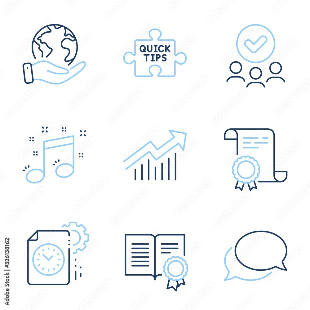 Project deadline, Diploma and Musical note line icons set. Diploma certificate, save planet, group of people. Demand curve, Messenger and Quick tips signs. Vector Project deadline, Diploma and Musical note line icons set. Diploma certificate, save planet, group of people. Demand curve, Messenger and Quick tips signs. Vector