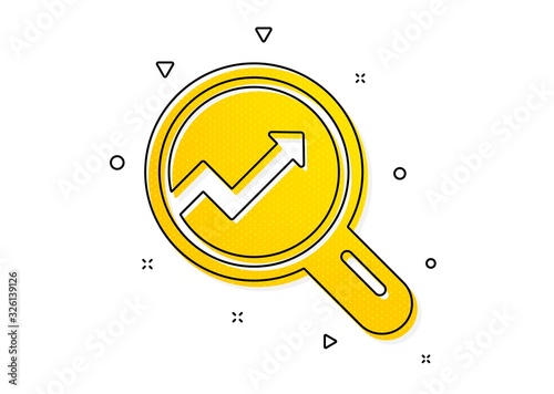 Report graph or Sales growth sign in Magnifying glass. Chart icon. Analysis and Statistics data symbol. Yellow circles pattern. Classic analytics icon. Geometric elements. Vector