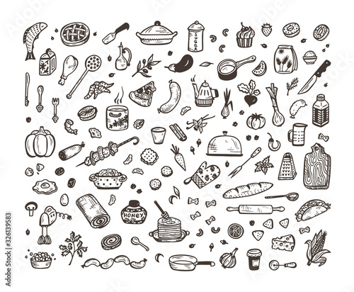 Cooking. Vector Set for menu decoration. Hand drawn doodle Food and Kitchen utensils